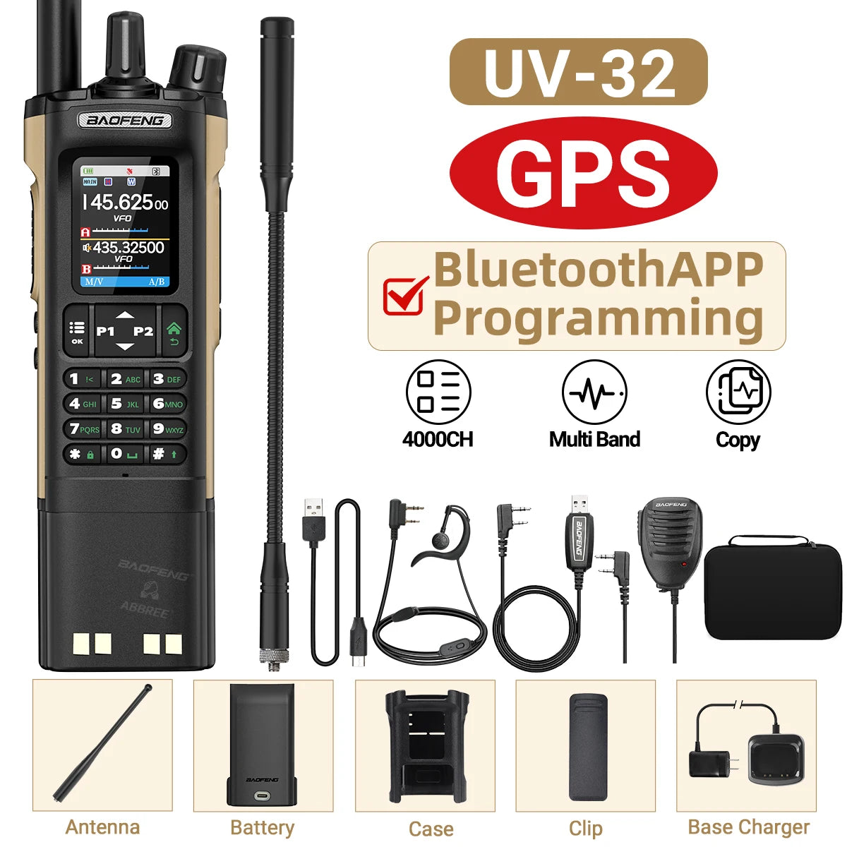 BAOFENG UV-32 GPS Walkie Talkie Long/Short Battery Wireless Copy Frequency Bluetooth Programming 1000CH Multi Band Two Way Radio