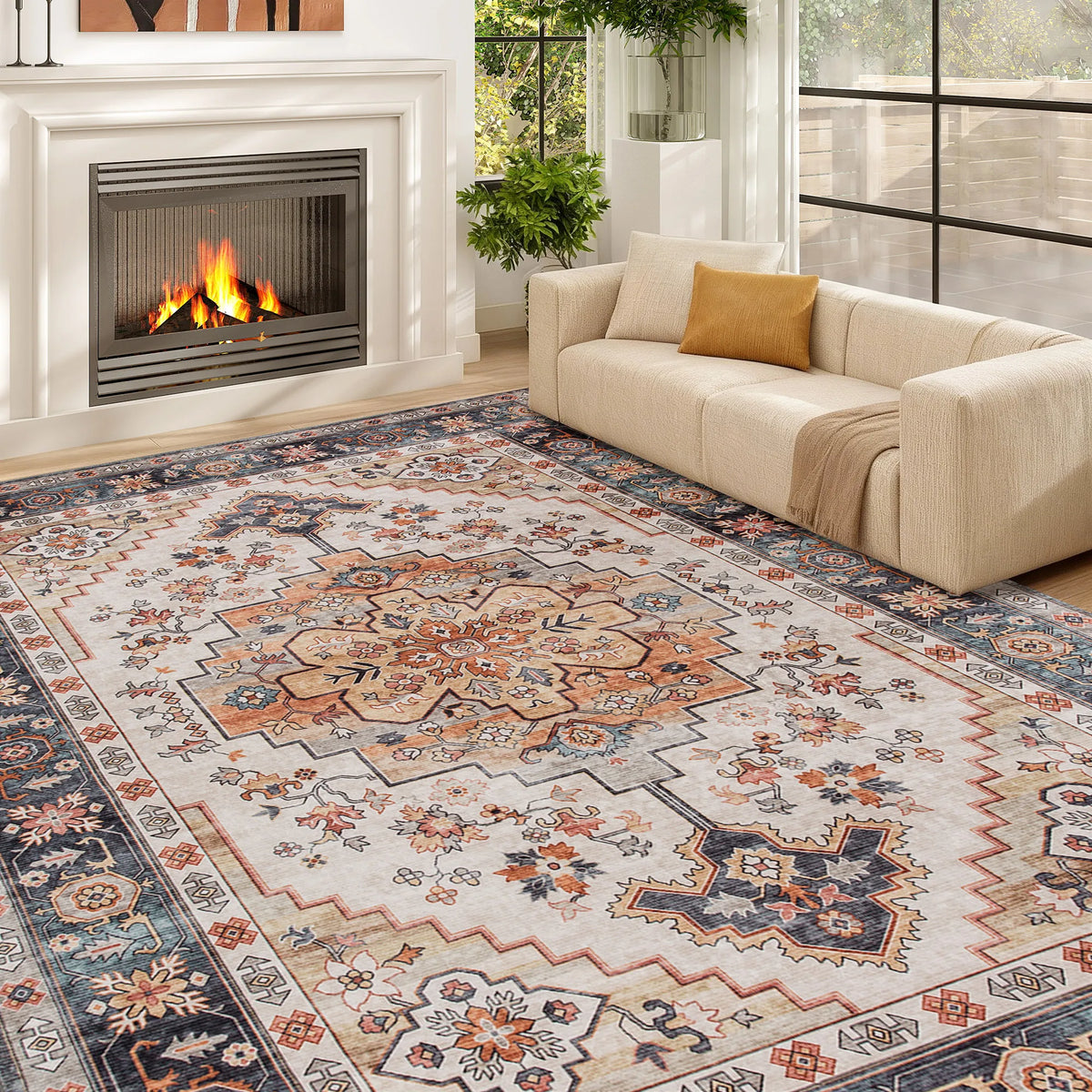 Machine Washable Area Rug, 4'x6' Vintage Oriental Medallion Distressed Rugs Soft Printed Floor Mat, Tawny Brown