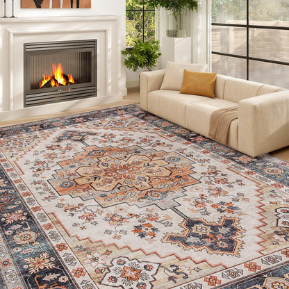 Machine Washable Area Rug, 4'x6' Vintage Oriental Medallion Distressed Rugs Soft Printed Floor Mat, Tawny Brown