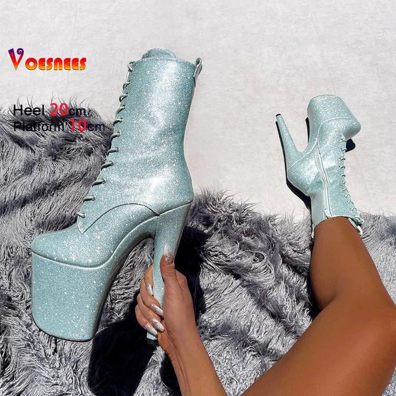 20CM/8Inch Bling Pole Dance Boots Woman Glossy Patent leather Red lace-up Nightclub Shoes Extreme high heel Platform Short Boots