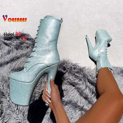 20CM/8Inch Bling Pole Dance Boots Woman Glossy Patent leather Red lace-up Nightclub Shoes Extreme high heel Platform Short Boots