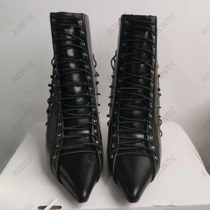 Rontic Women Winter Ankle Boots Faux Leather Sexy Stiletto Heels Pointed Toe Elegant Black Night Club Shoes US Size 5-15