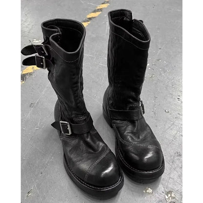 Retro Motorcycle Men's Boots Mid-Calf Knight American Engineer Boots Aged Large Head Boots Leather Splicing Botas Para Moto