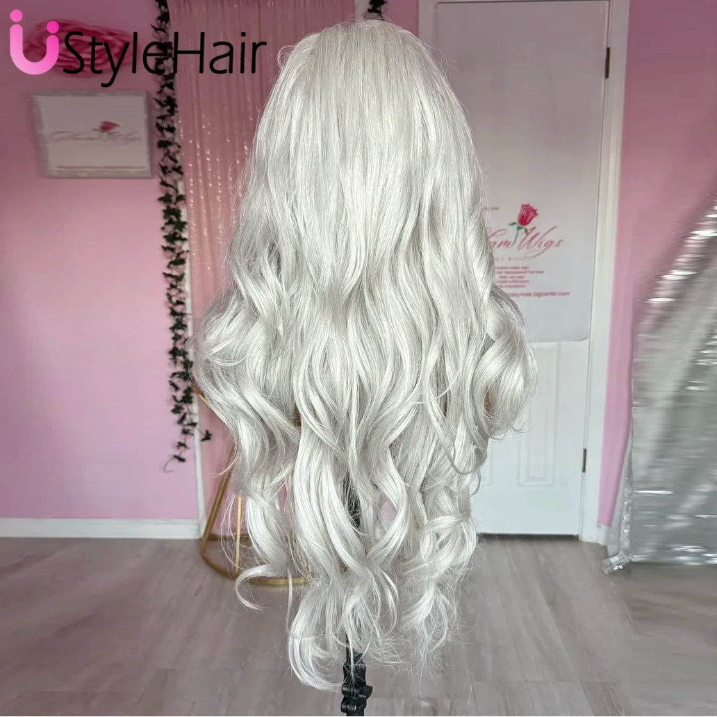 Light Silver Grey Lace Front Wig Long Body Wave Synthetic Hair Daily Wear Ash Platinum Wigs 13x4 Glueless Heat Resistant Fiber