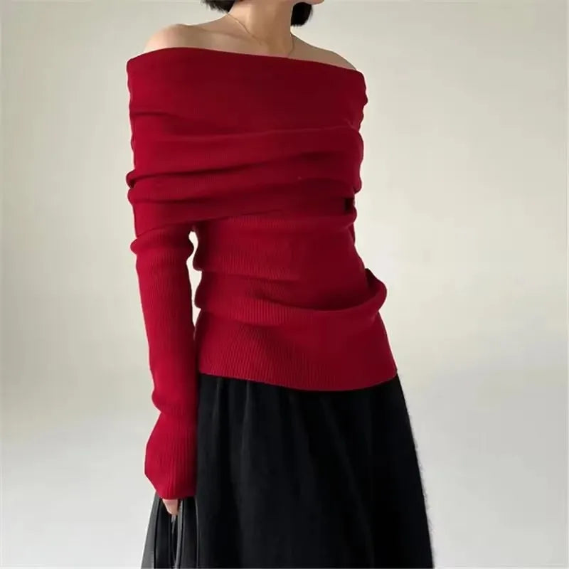 Long Sleeve Off Shoulder Knit Top Women Stretchy Ruched Strapless Pullover Bardot Sweater Spring Summer 2026 Elegant Fashion
