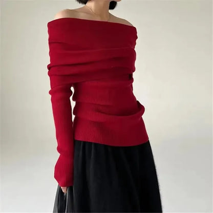Long Sleeve Off Shoulder Knit Top Women Stretchy Ruched Strapless Pullover Bardot Sweater Spring Summer 2026 Elegant Fashion