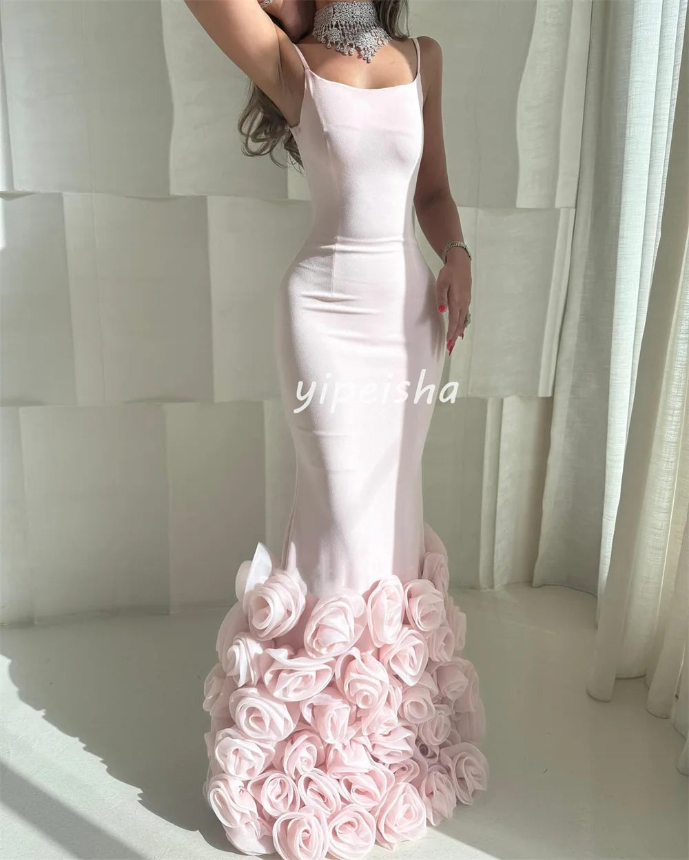 Customized Exquisite Intricate Jersey Handmade Flower Pleat Mermaid Spaghetti strap Long Dresses Bespoke Occasion Dresses Sexy