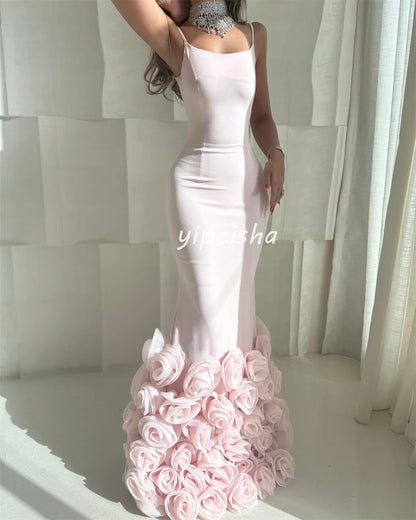 Customized Exquisite Intricate Jersey Handmade Flower Pleat Mermaid Spaghetti strap Long Dresses Bespoke Occasion Dresses Sexy