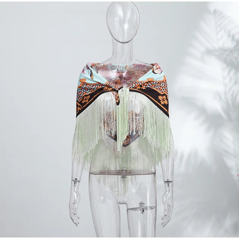Fashion Vintage Printed Tassel Square Scarf Women Fringe Patchwork Shawl Waist Seal Accessories 2026 Spring Summer Street Shawls