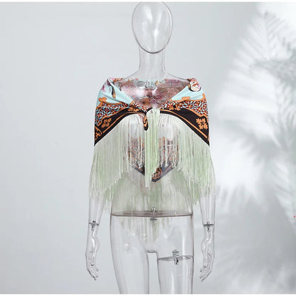 Fashion Vintage Printed Tassel Square Scarf Women Fringe Patchwork Shawl Waist Seal Accessories 2026 Spring Summer Street Shawls