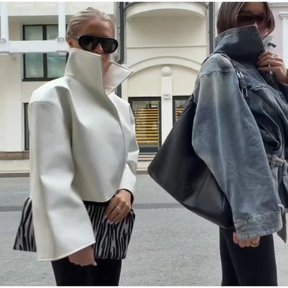 Women Cropped PU Leather Jacket Stand Collar Wide Flare Sleeve Asymmetrical Wrap Open Front Coat 2026 Autumn Chic Loose Jackets