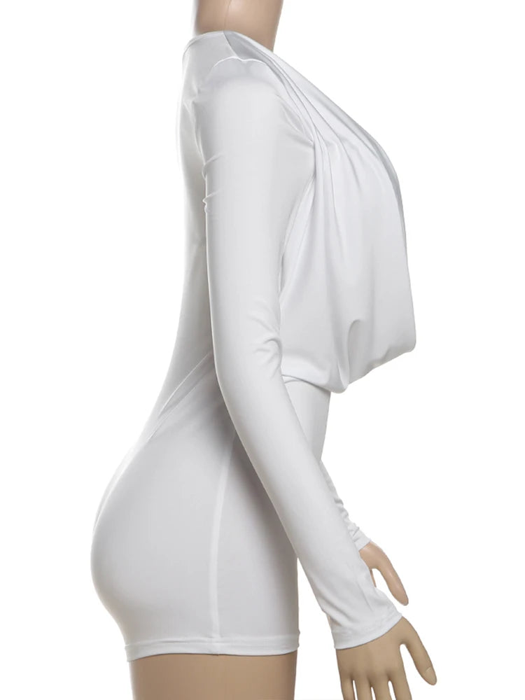Sisterlinda Swinging Neck Playsuits Women Solid Metal Splice Cleavage Full Sleeve Stretch Sexy Slim Romers Chic Trend Clubwear