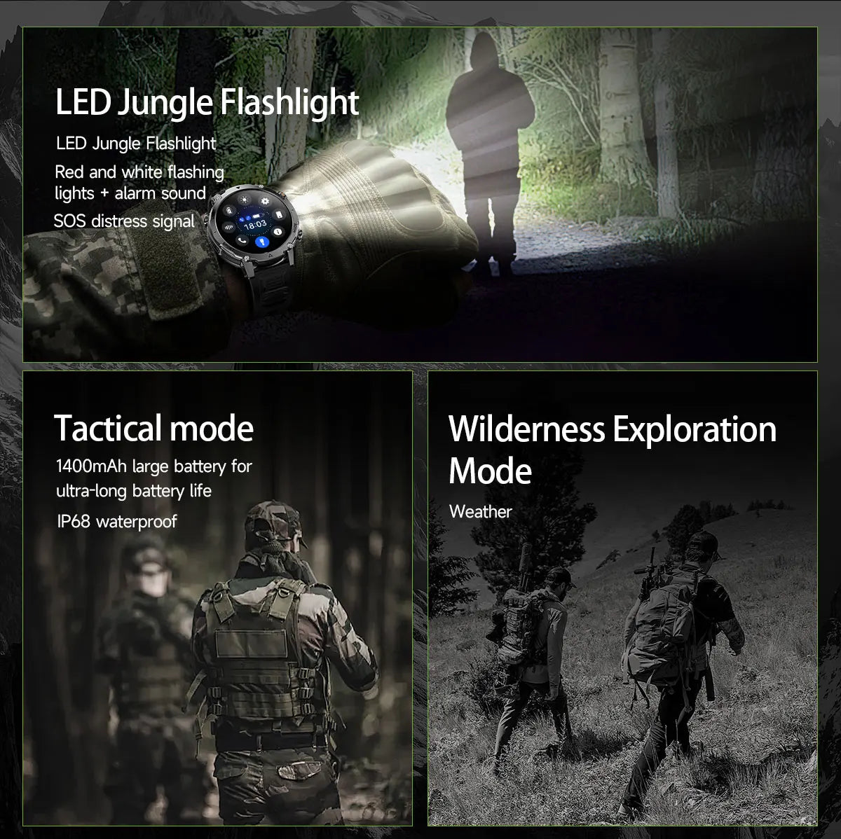 New 1400mAh Big Battery Smart Watch Men Outdoor GPS Flashlight IP68 Waterproof Bluetooth Call AMOLED Military Sports Smartwatch