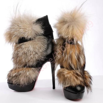 Winter Platform Belt Buckle Soft Fur Short Boots Fashion Show Party Casual Furry Boots New Sexy Women's Stiletto Warm Boots