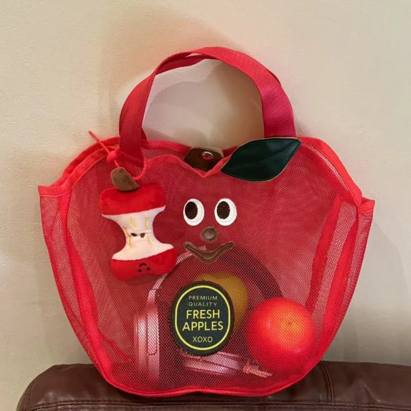 Cute Apple Mesh Handbag Niche Fruit-shaped Shoulder Bag Lightweight And Portable Travel Toiletry Storage Bag Fashion Beach Bag
