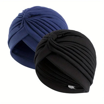 2pcsWomen's Pleated Knot Turban Hat, Soft Stretchy Beanie Cap for Chemo Hair Loss, Muslim Hijab Headwrap, Fashion Daily Headwear
