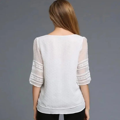 Womens Tops Fashion  Blouse Half Sleeve Chiffon Shirts Lace Stitching