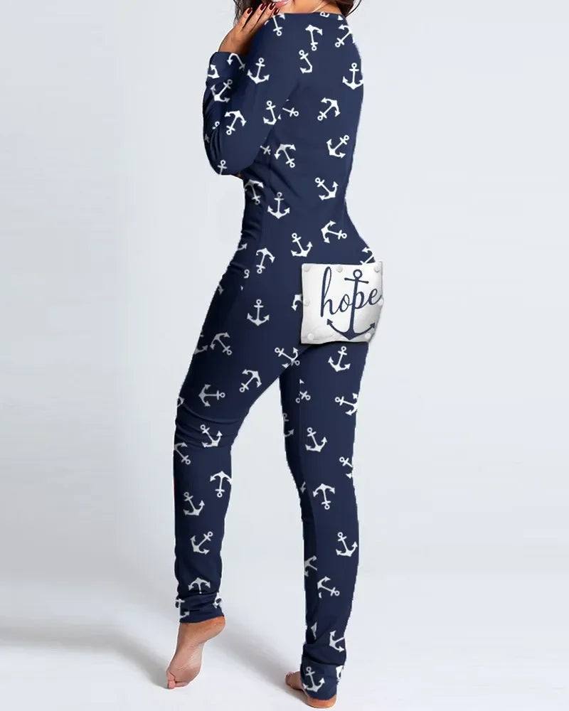New Women Pajamas Sexy V-neck Jumpsuit Plaid Casual Long Sleeve Pyjama Button-down Front Functional Buttoned Flap Sleepwear