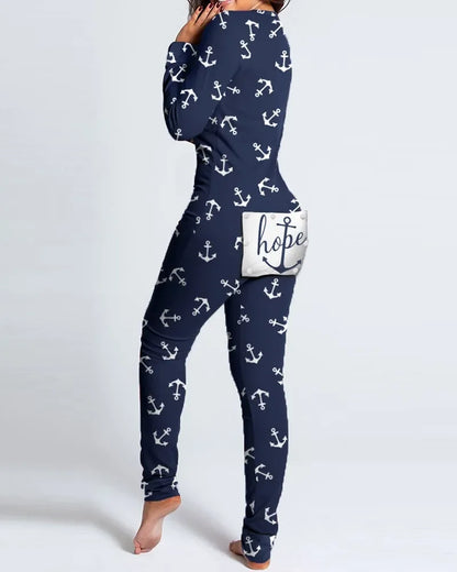 New Women Pajamas Sexy V-neck Jumpsuit Plaid Casual Long Sleeve Pyjama Button-down Front Functional Buttoned Flap Sleepwear