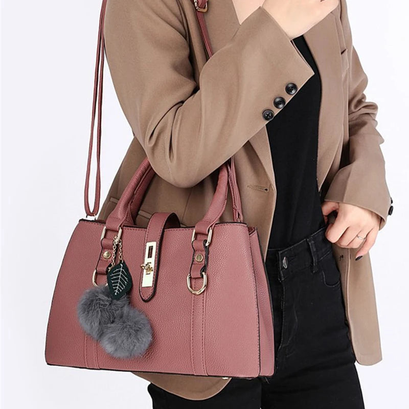 Women Fashion Hairball Shopper Totes Solid Color PU Leather Large Capacity Handbag Ladies Luxury Designer Crossbody Shoulder Bag