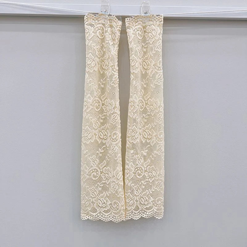 Women Summer Ice Silk Lace Arm Sleeve Elastic Sleeve Driving Gloves Black White Long Fingerless Mittens Sunscreen Gloves