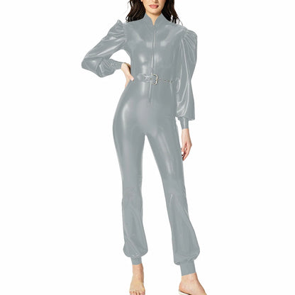 Plus Size Fashionable PVC Patent Leather Jumpsuit for Women Latex-look Clubwear Stand Collar Belt Puff Long Sleeve Slim Rompers
