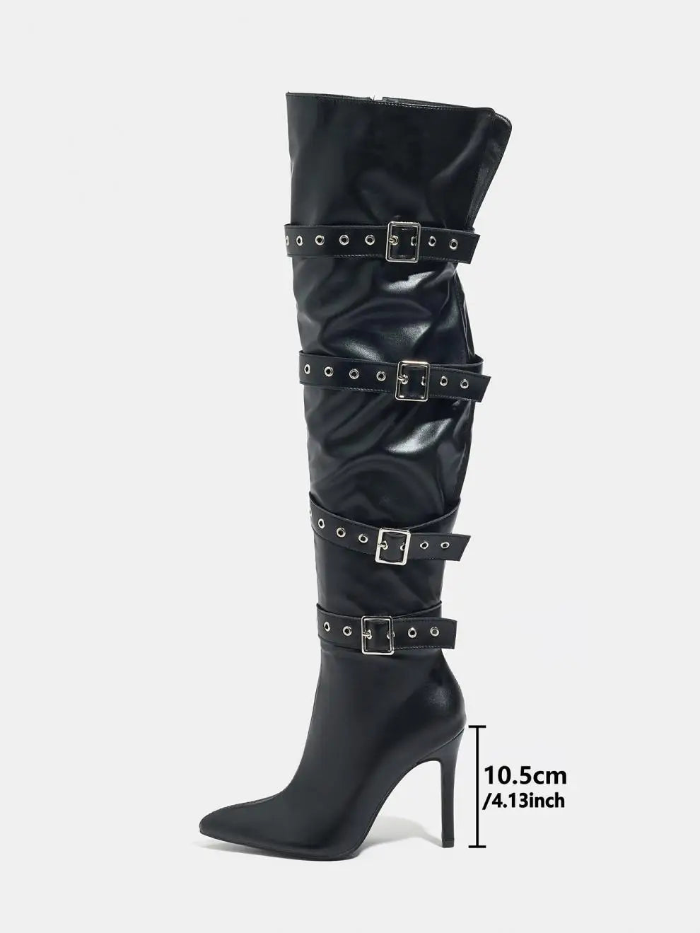 Fashion Belt Buckle Sexy Pointy Toe Over-the-knee Boots Women 10.5CM Stiletto Heels Black Thigh-high Nightclub Club knight Shoes