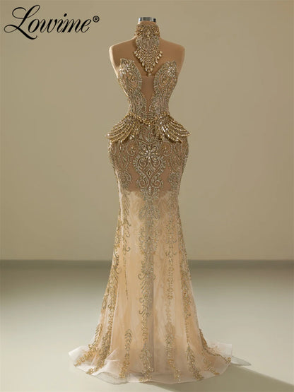 Sparkly Gold Long Prom Dresses Beaded Birthday Party Dresses African Evening Gown With Crystals Robe De Customized 2026 Robes