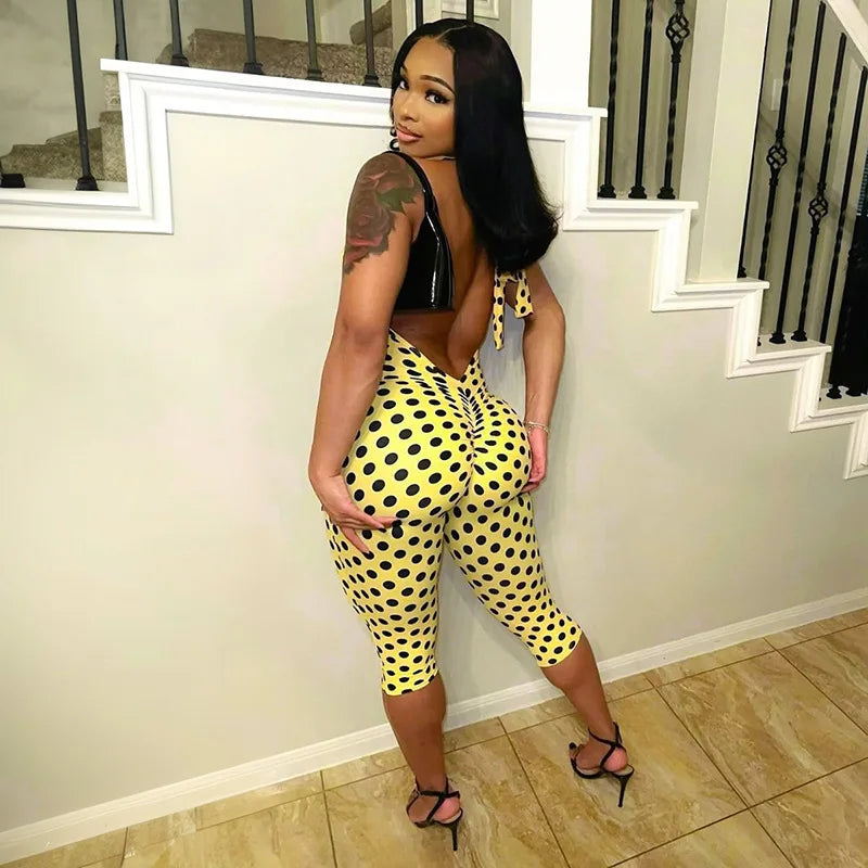 FAGADOER Fashion Color Dot Printing Bodycon Jumpsuits Woman Halter Sleeveless Backless Rompers Female Streetwear Overalls 2026