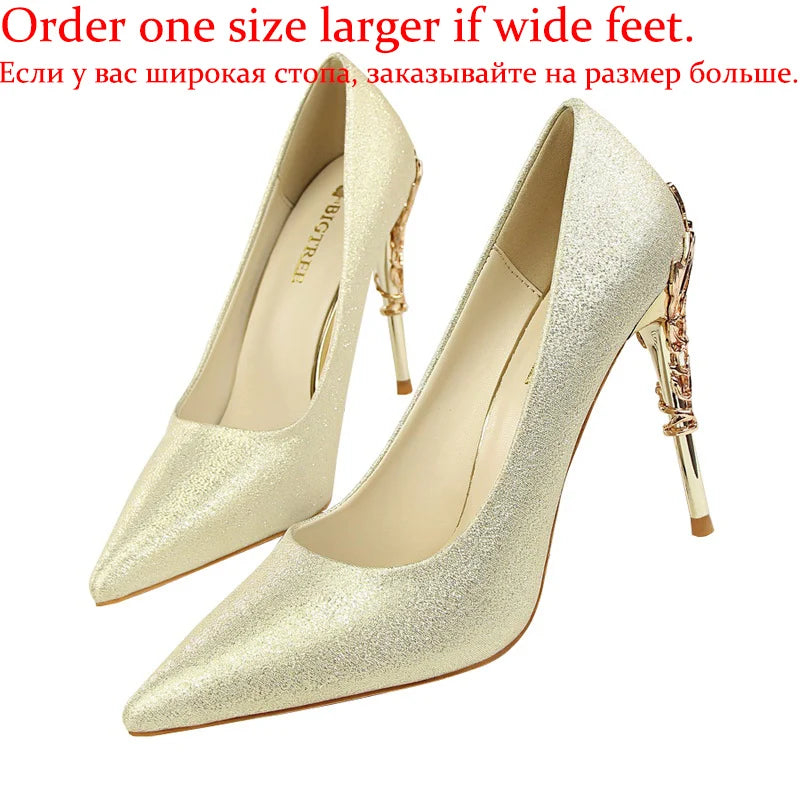 Women Luxury Metallic Decoration Heel Wedding Shoes Lady Trendy 10cm High Heels Pointed Toe Shoes Female Premium Gray Shoes