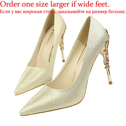 Women Luxury Metallic Decoration Heel Wedding Shoes Lady Trendy 10cm High Heels Pointed Toe Shoes Female Premium Gray Shoes