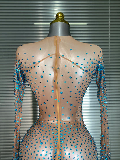 Women Sexy Crystal Sheer Blue Silver Skin Bodycon Jumpsuit Celebrity Designer Shinning Dancer Night Club Rompers Gloves
