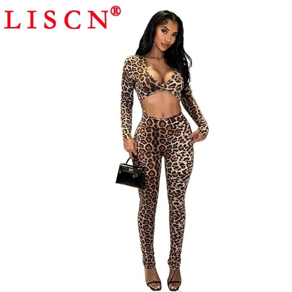 10 Bulk Items Wholesale Lots Jumpsuits Women Long Sleeve Bodycon Sexy Y2k Leopard Printing O-neck Rompers Streetwear K17649