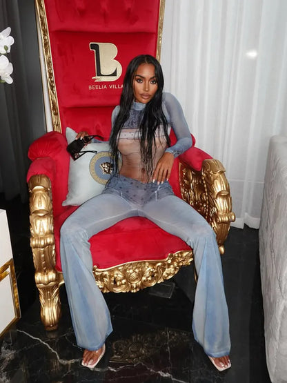 Sexy Denim Print Mesh Jumpsuit Women Chic Sheer Body Silhouette Rompers Elegant Long Sleeve Party Festival Clubwear Outfits 2026