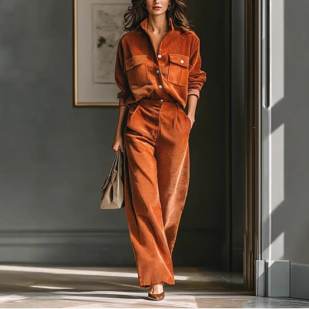 Retro Corduroy Shirt and Wide Leg Pants Matching Set, Autumn Winter Casual Blouse Top and Trousers Jumpsuit