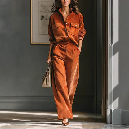 Retro Corduroy Shirt and Wide Leg Pants Matching Set, Autumn Winter Casual Blouse Top and Trousers Jumpsuit