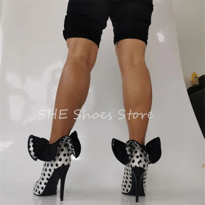 Fashion Polka Dot Ruffles Decor Women Boots Pointed Toe Stiletto High Heels Leather Shoes Ladies Catwalk Party Dress Boots