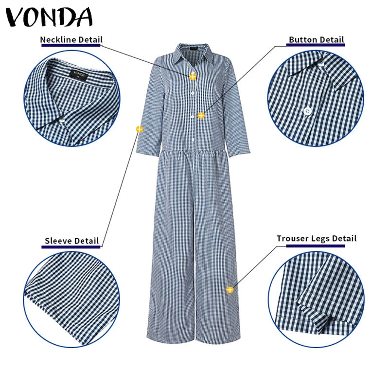 Plus Size 5XL VONDA Vintage Jumpsuits Women Elegant Plaid Long Overalls Fashion 3/4 Sleeve Casual Playsuits Streetwear Pants