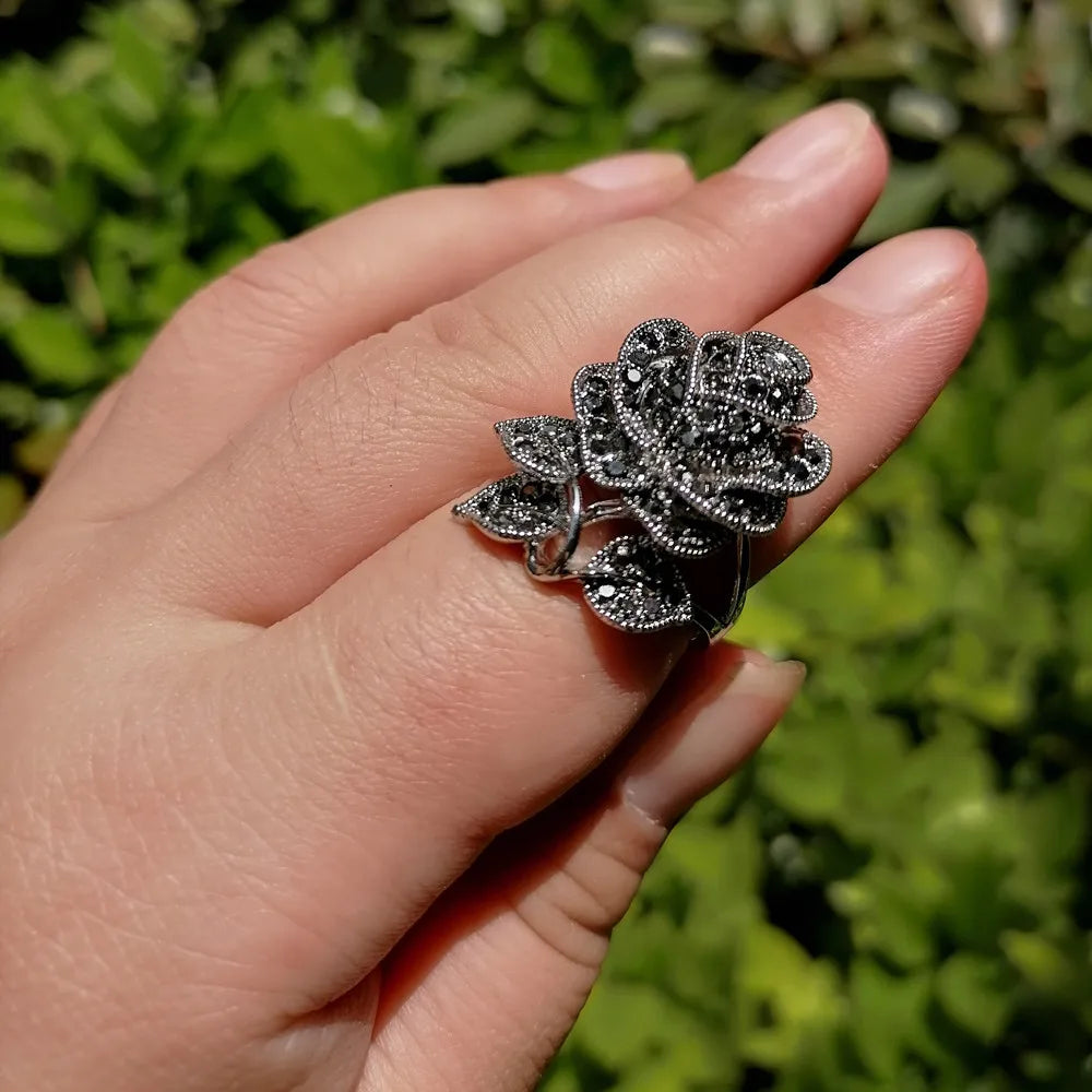 Ajojewel Black Rhinestone Rose Flower Necklace Ring And Earring Set For Women Vintage Jewelry Nice Gifts For Girlfriend