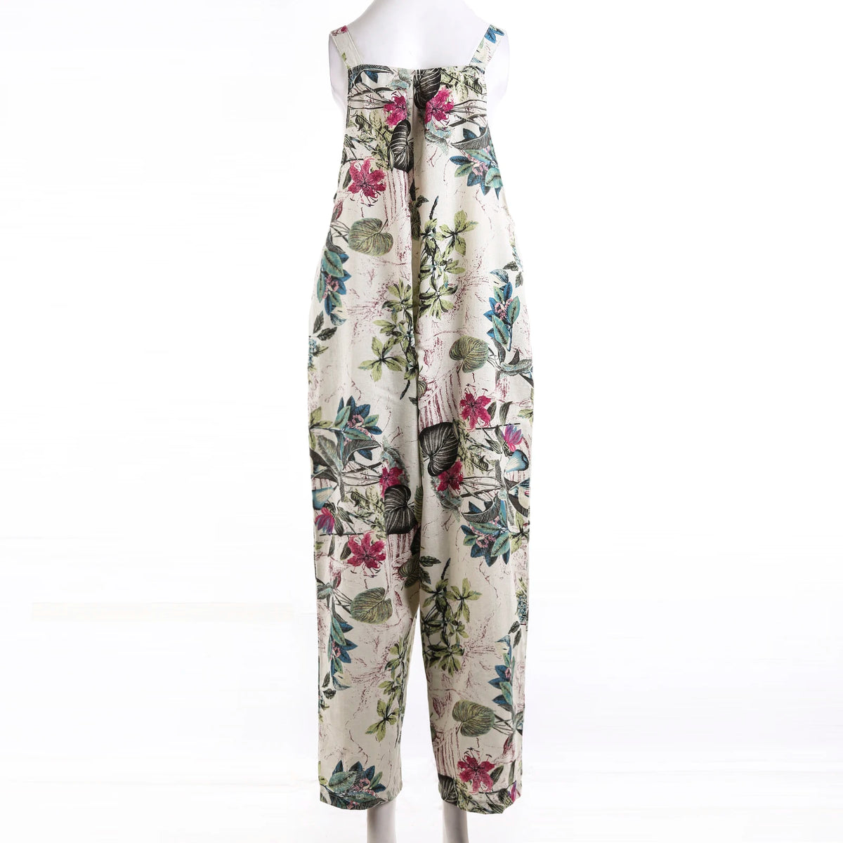 Combhasaki Women's S-3XL Cotton and Linen Jumpsuit Leaf Floral Print Square Neck Sleeveless Casual Loose Overalls with Pockets