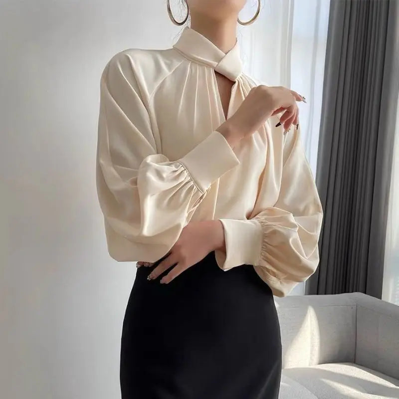 Women's Korean Fashion Hollow Ruffled Elegant Blouse Office Lady Stand Collar Business Casual Shirt Long Sleeve Solid Loose Tops