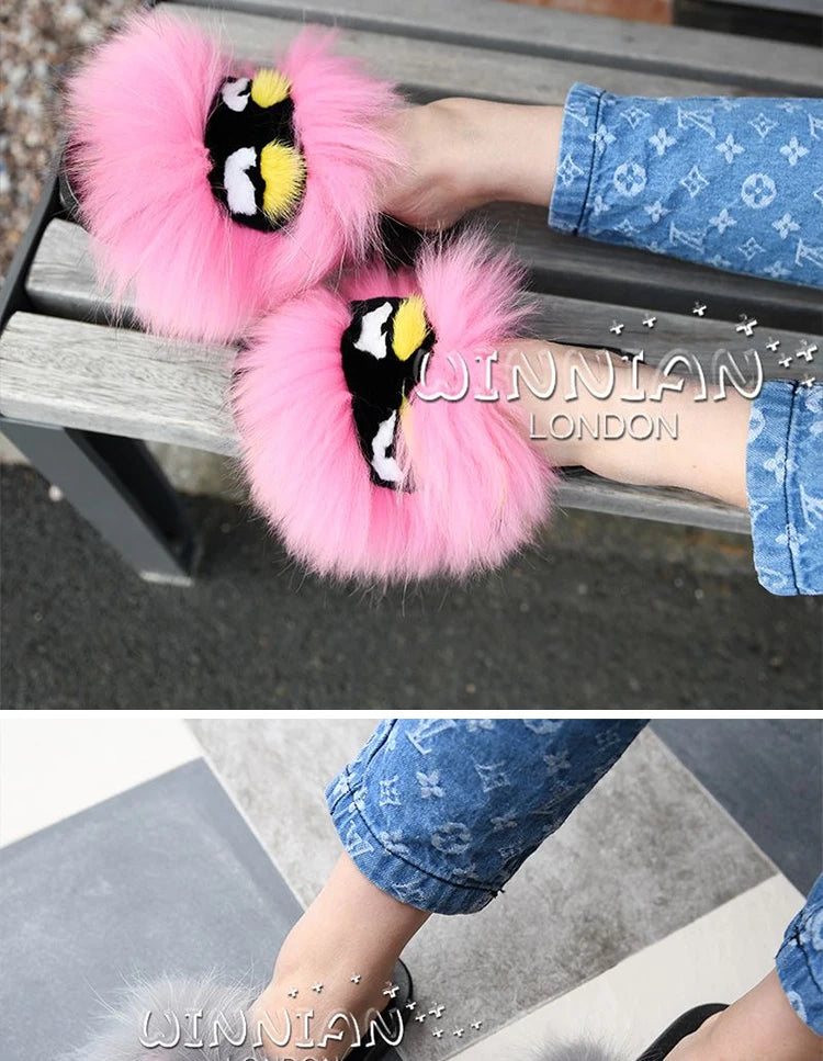 Natural Fox Fur Slippers, Fashionable Outdoor Multi-Color Animal Hair Slippers, Women's Gifts, Soft EVA Sole Slippers, On Trend