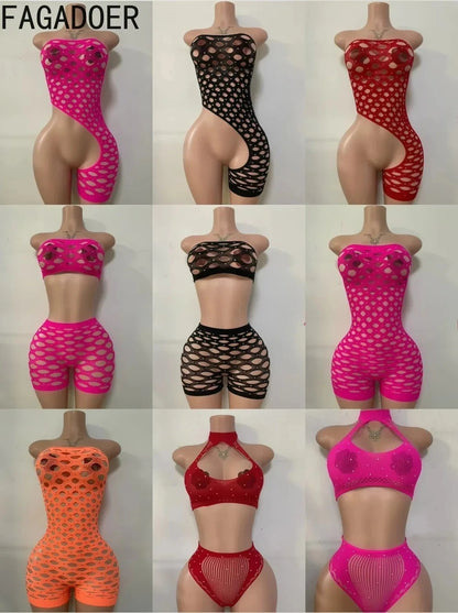 FAGADOER Sexy Hollow-out Rhinestone Patchwork Bodycon Rompers Woman Halter Sleeveless Backless Jumpsuits Female Party Clubwear