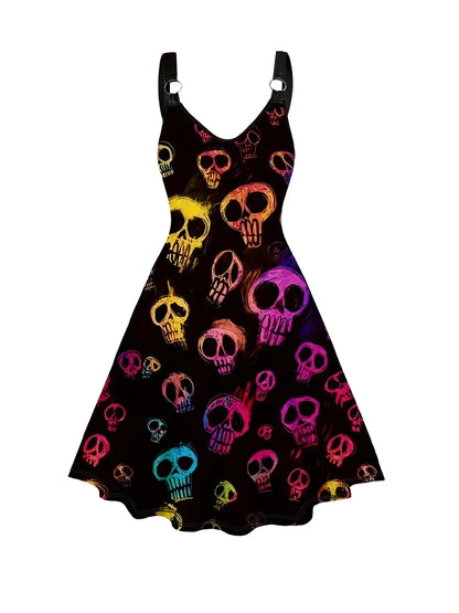 Plus Size Pentagram Flame Print O-Ring Strap Swing Mini Cami Dress Gothic