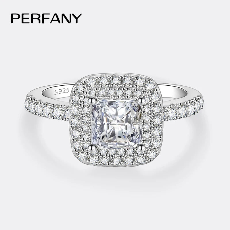 PERFANY 1CT Princess Square Cut Moissanite Ring Women S925 Pure Silver Laboratory Diamond Wedding Fashion Luxury Jewelry