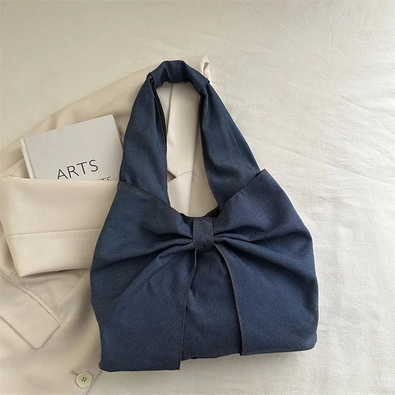 Sweet Bowknot Design Women's Denim Shoulder Bags Commuter Thread Ladies Handbags Casual Lightweight Female Underarm Tote Bag