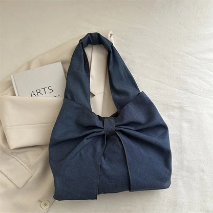 Sweet Bowknot Design Women's Denim Shoulder Bags Commuter Thread Ladies Handbags Casual Lightweight Female Underarm Tote Bag