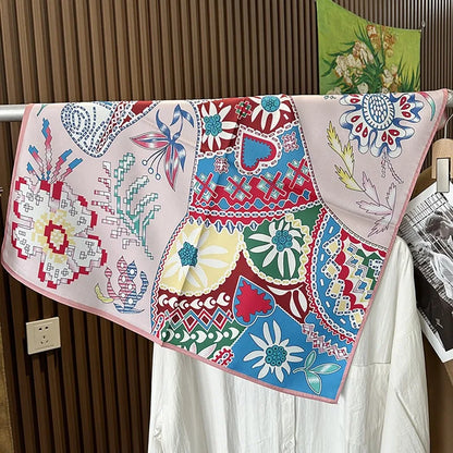 Green Boho Horse Square Scarf 70cm Ethnic Floral Satin Bandana Women Neck Handbag Wrap Elegant Silk Feel Daily Fashion Accessory