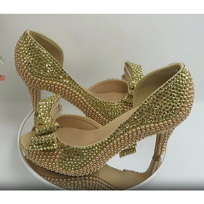 Champagne Golden Pearl Bridal Wedding shoes with matching bags woman Open Toe party dress shoes Platform shoes and bag
