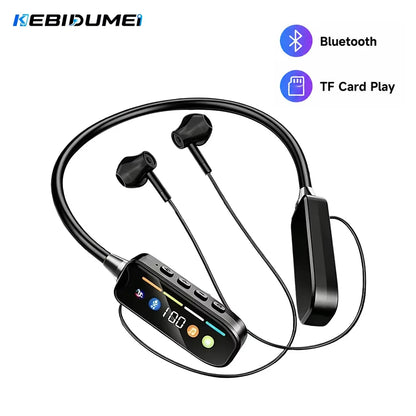 KEBIDUMEI Bluetooth Neckband Earphones Support TF Card Play with FM Radio Wireless Headphones LED Display HiFi Music Headsets